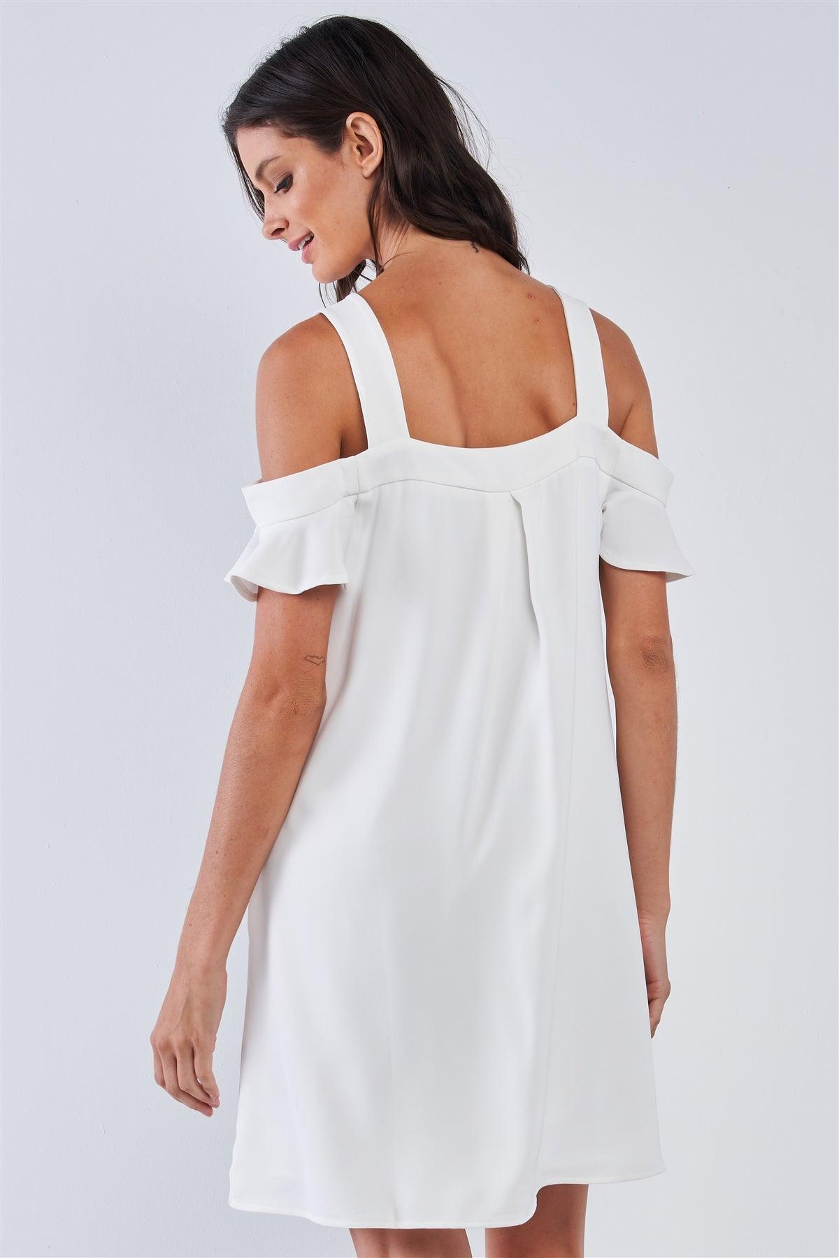 Off-White Relaxed Fit V-Neck Ruffle Sleeve Mini Dress
