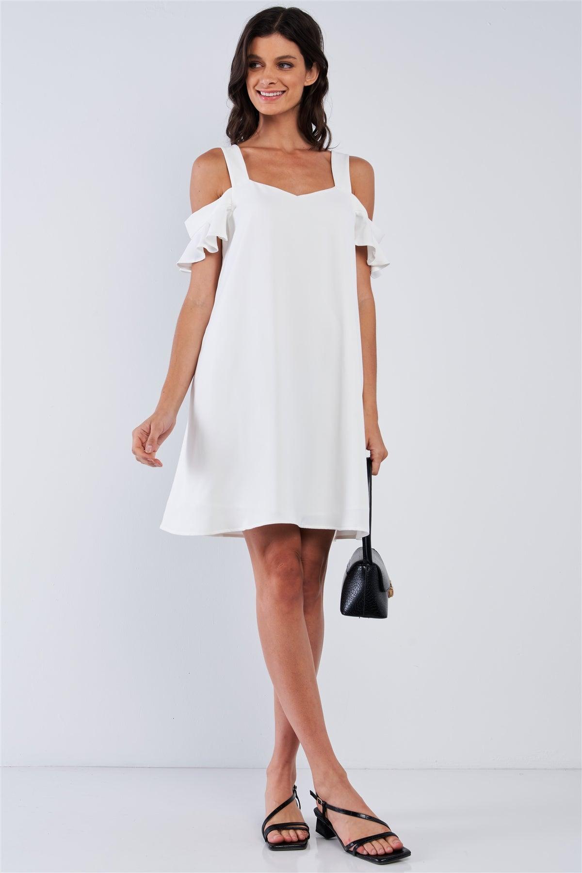 Off-White Relaxed Fit V-Neck Ruffle Sleeve Mini Dress