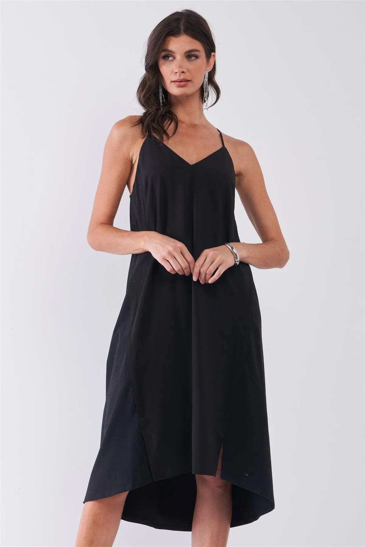 Black Sleeveless V-Neck Two Front Slit Contrast Stretchy Back Fabric Asymmetrical Hem Midi Dress /2-2-2 - Tasha Apparel Wholesale