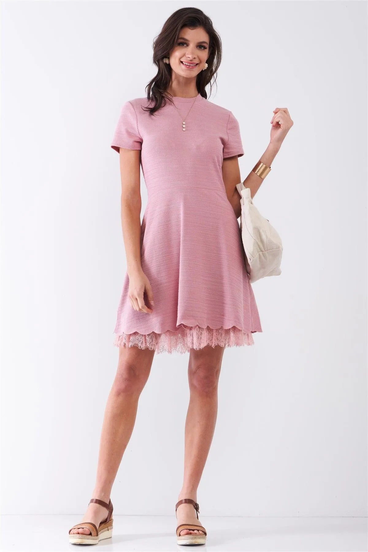 Blush Short Sleeve Lace Mesh Lining Detail Knit Mini Dress /1-2-2-1 - Tasha Apparel Wholesale