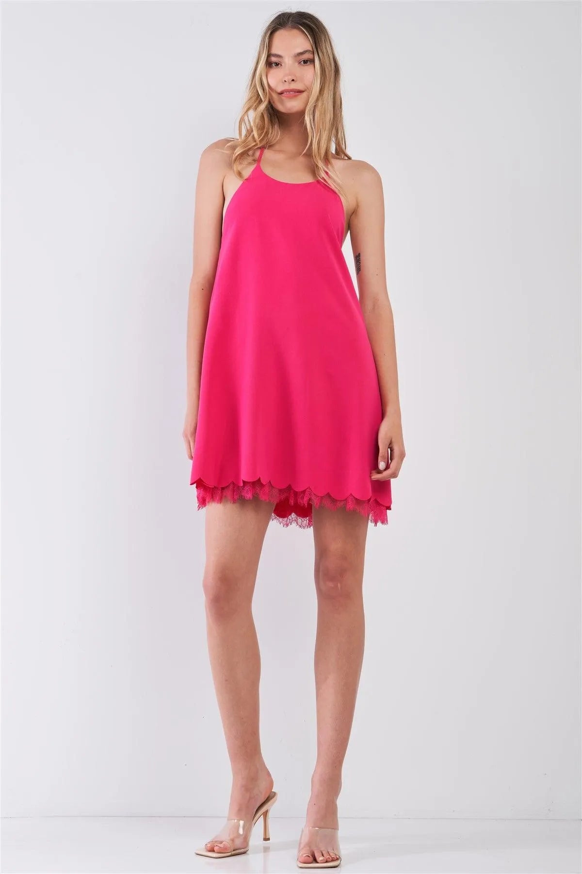 Fuchsia Pink Sleeveless Halter-Tie Neck Self-Tie Open Back Detail Lace Trim Scallop Hem Babydoll Mini Dress /1-2-2-1 - Tasha Apparel Wholesale