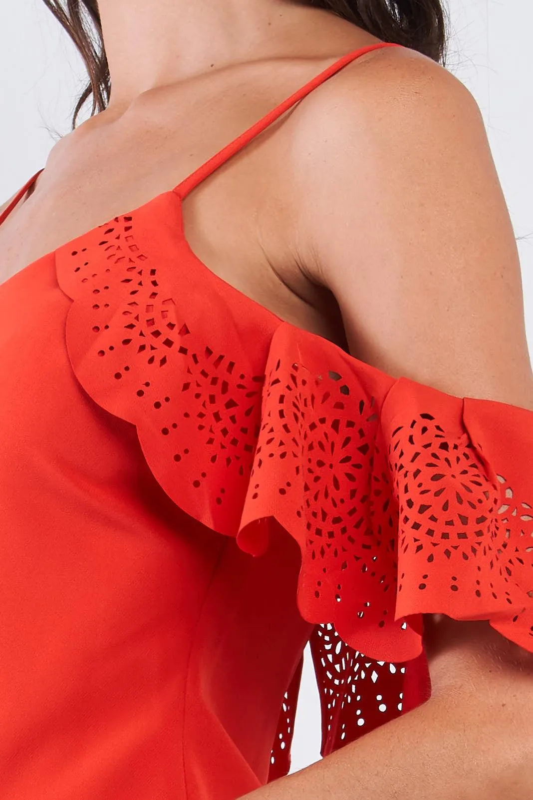 Tomato Red Cocktail V-Neck Crochet Ruffle Off-The-Shoulder Hem Tube Mini Dress /2-2-1 - Tasha Apparel Wholesale