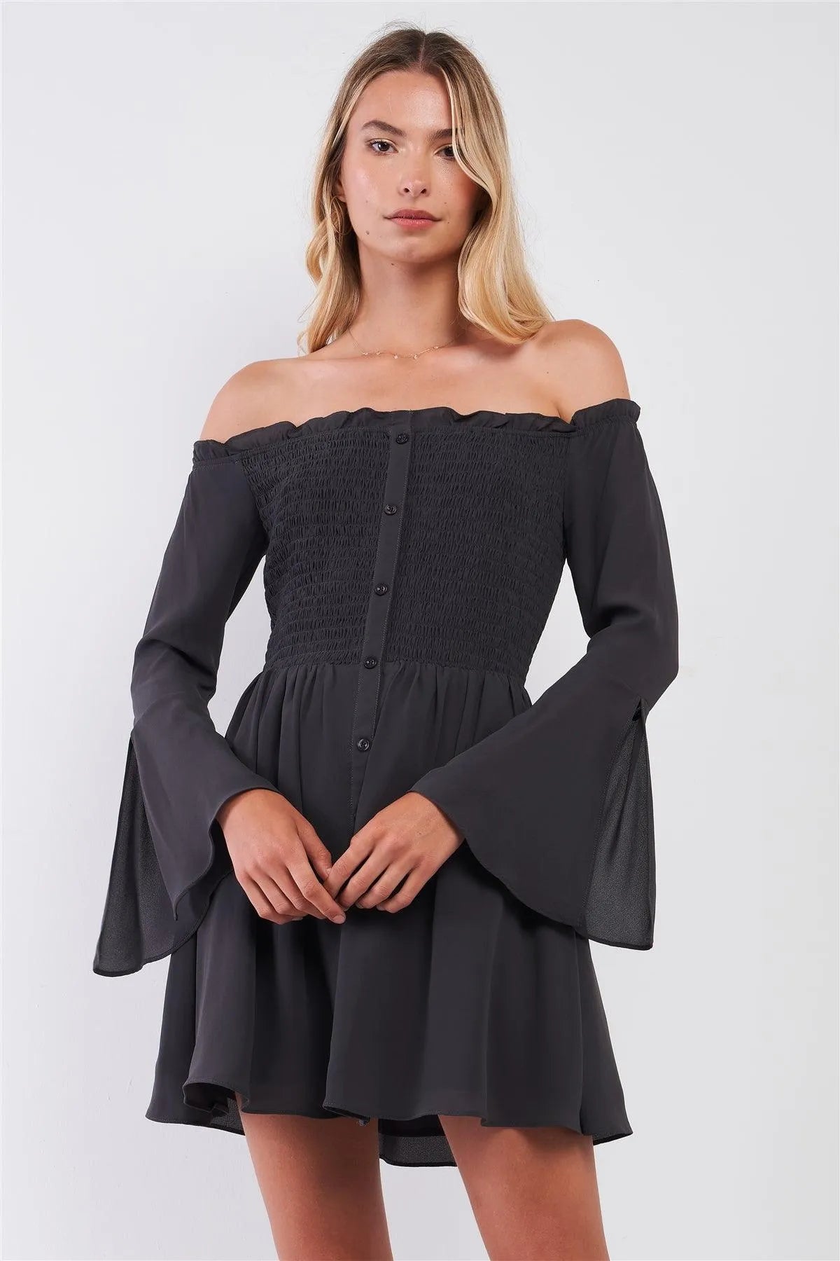 Charcoal Grey Frill Off-The-Shoulder Trumpet Sleeve Smock Flare Mini Dress /2-1-2-1 - Tasha Apparel Wholesale