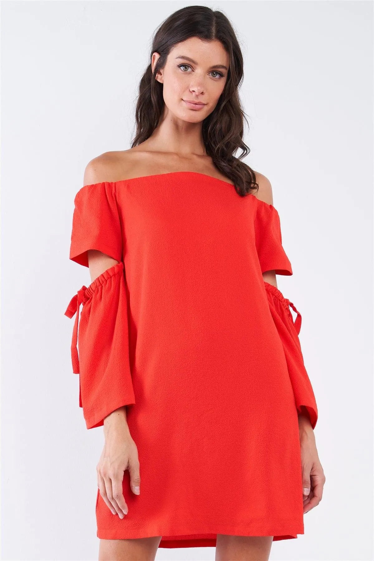Coral Red Off-The-Shoulder Relaxed Fit Cut Out Bell Sleeve With Elastic Ribbon Tie Mini Dress /1-2-2-1 Coral Red Off-The-Shoulder Relaxed Fit Cut Out Bell Sleeve With Elastic Ribbon Tie Mini Dress /1-2-2-1