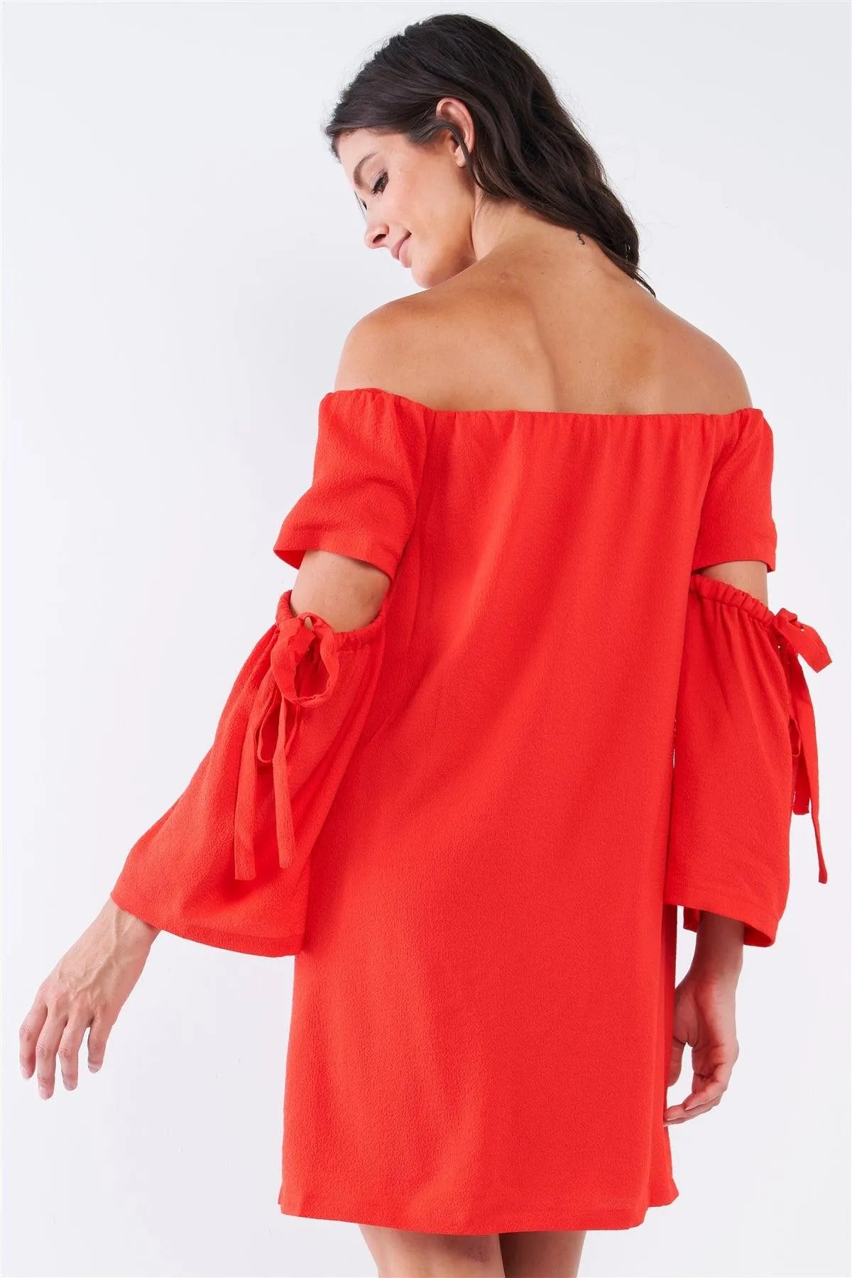 Coral Red Off-The-Shoulder Relaxed Fit Cut Out Bell Sleeve With Elastic Ribbon Tie Mini Dress /1-2-2-1 - Tasha Apparel Wholesale