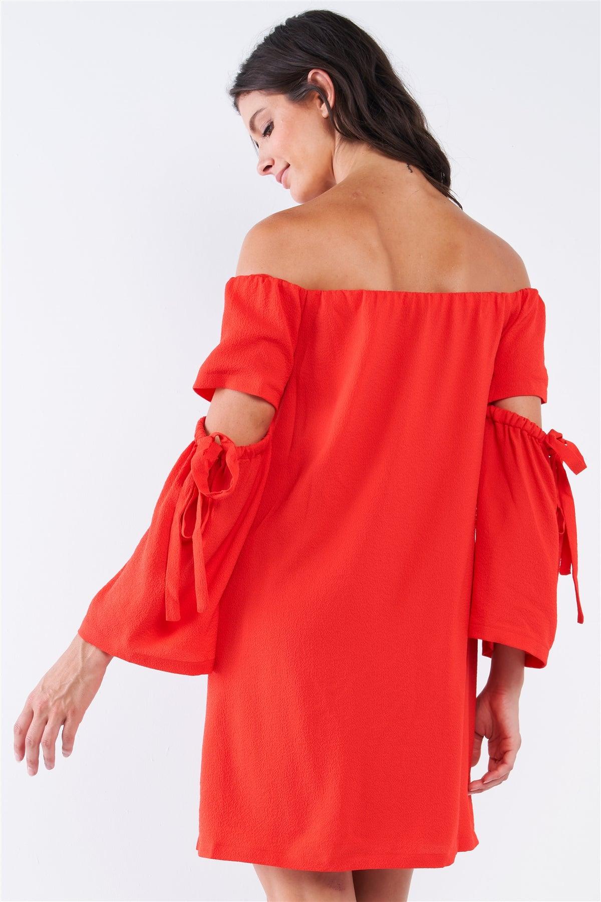 Coral Red Off-The-Shoulder Relaxed Fit Cut Out Bell Sleeve With Elastic Ribbon Tie Mini Dress