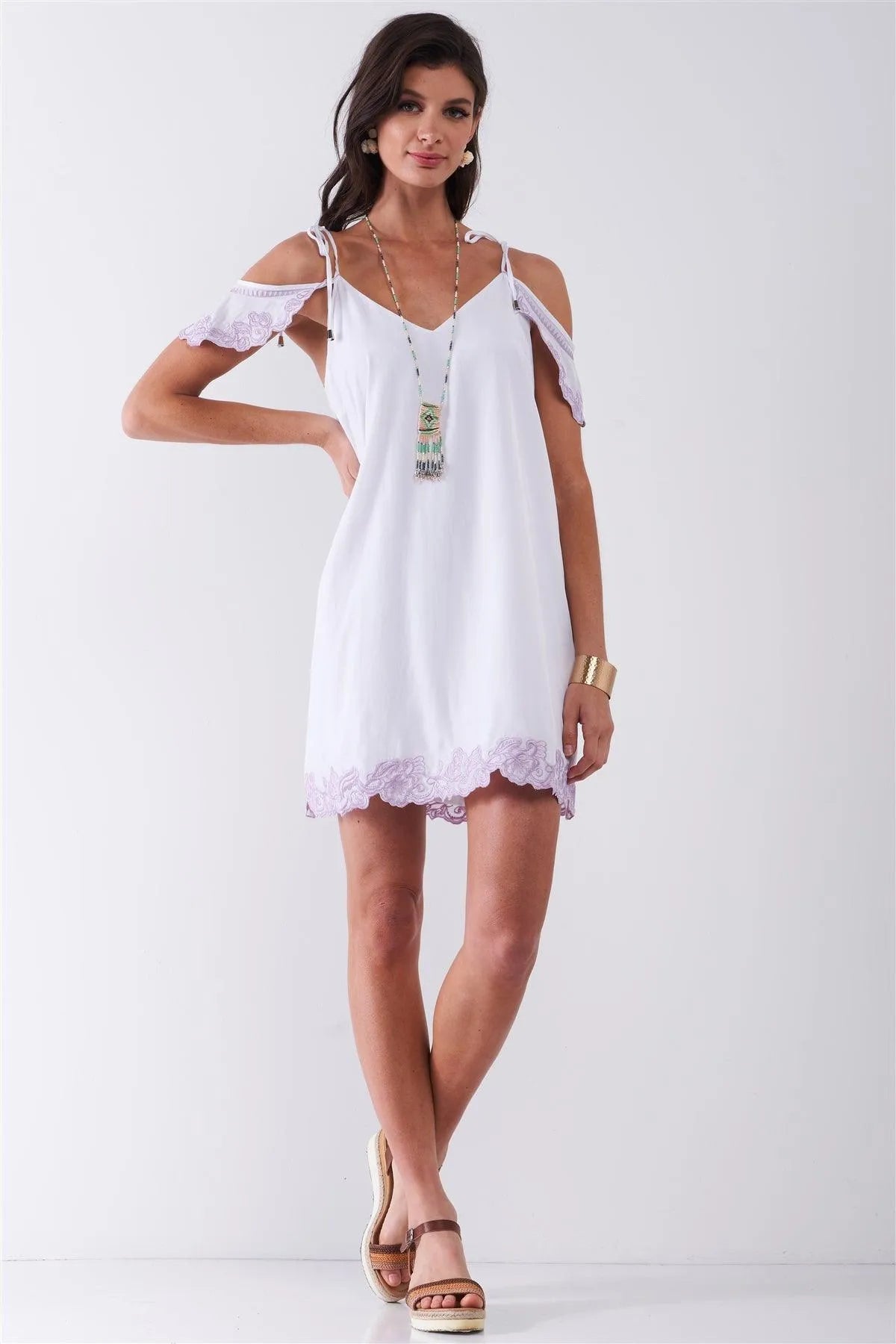 White & Purple Floral Embroidery Detail Wing Mini Sleeve V-Neck Relaxed Mini Dress /1-2-2-1 - Tasha Apparel Wholesale