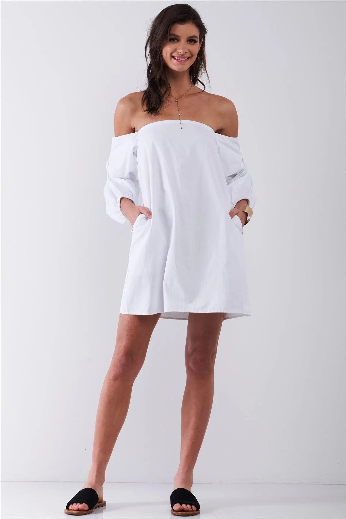 Romance Me White Transparent Stripe Print Off-The-Shoulder Gathered Balloon Sleeve Loose Shirt Mini Dress /1-2-2-1 - Tasha Apparel Wholesale