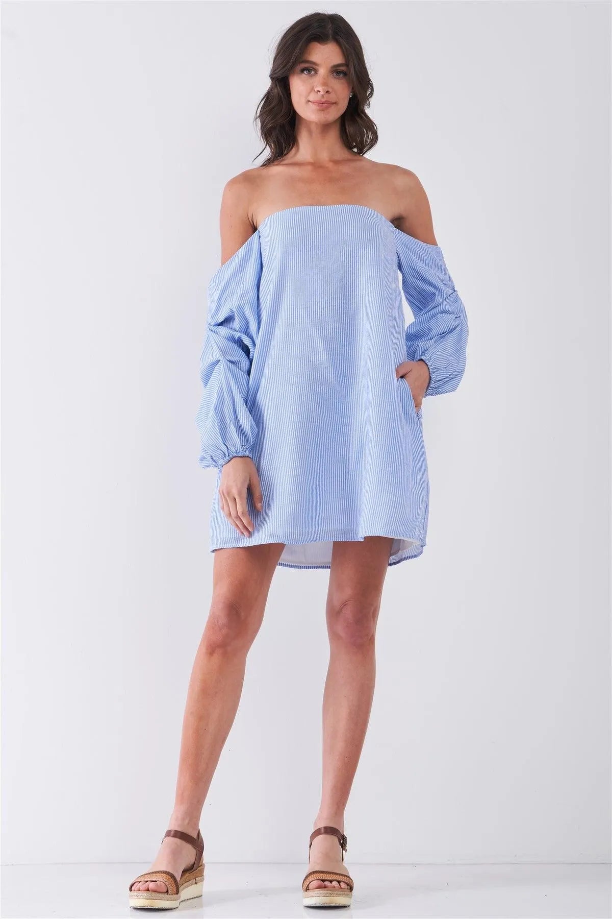 Baby Blue & White Stripe Print Off-The-Shoulder Gathered Balloon Sleeve Loose Shirt Mini Dress /1-2-2-1 - Tasha Apparel Wholesale