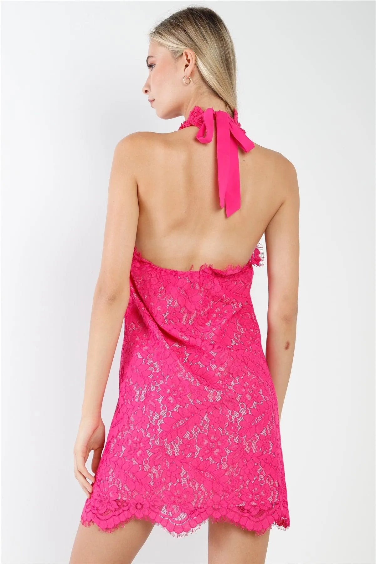 Magenta Crochet Embroidery Halter Neck Sleeveless Cut-Out Detail Mini Dress /1-2-2-1 - Tasha Apparel Wholesale