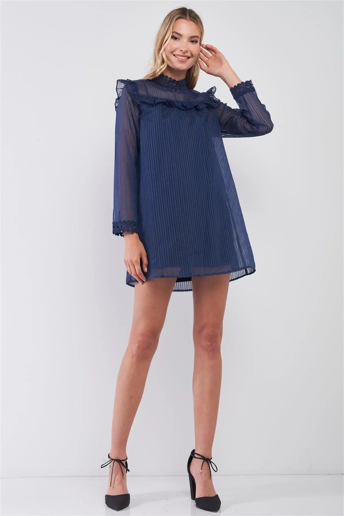 Victorian Blue Sheer Striped Ruffle Trim Mock Neck Long Sleeve Crochet Detail Straight Mini Dress /1-2-2-1 - Tasha Apparel Wholesale