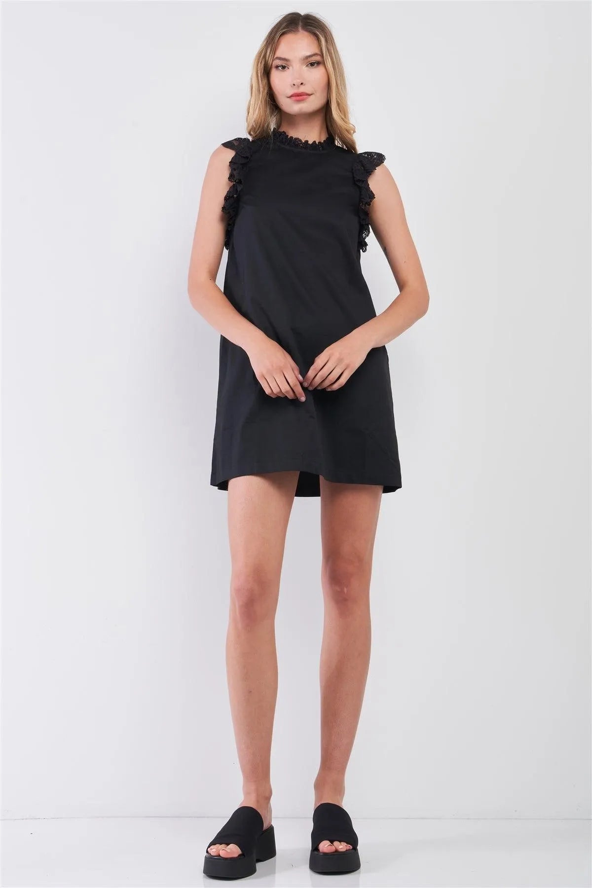 Black Sleeveless Mock Neck Ruffle Lace Trim Straight-Cut Mini Dress /1-2-2-1 - Tasha Apparel Wholesale