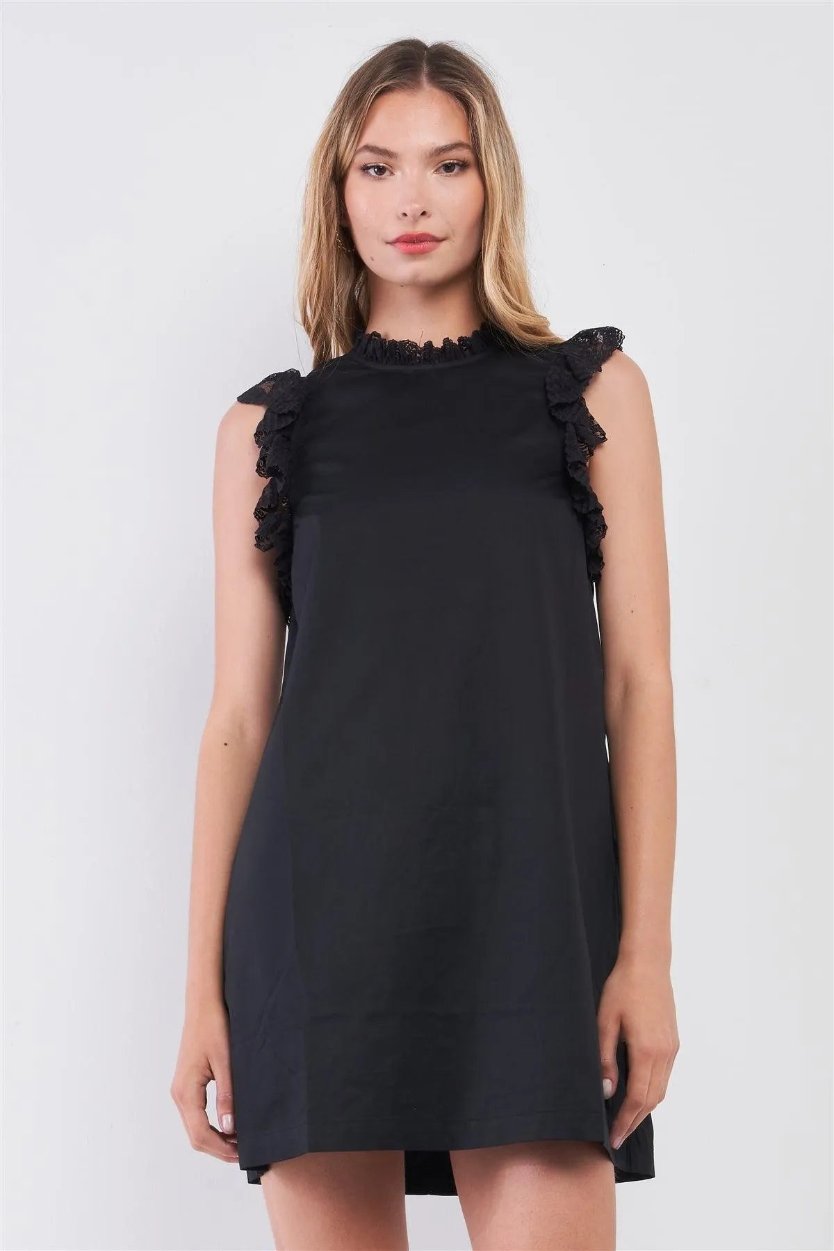 Black Sleeveless Mock Neck Ruffle Lace Trim Straight-Cut Mini Dress /2-2-2 - Tasha Apparel Wholesale