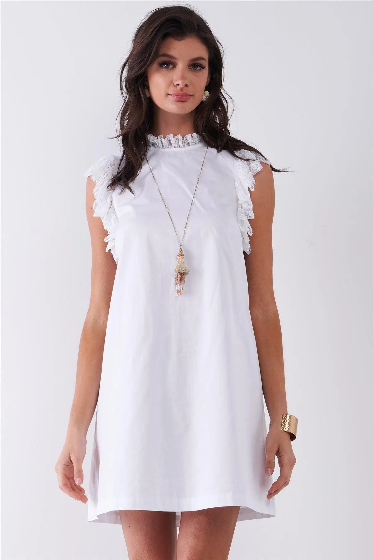 White Solid Sleeveless Lace Frill Trim Relaxed Mini Dress /1-1-2-1 - Tasha Apparel Wholesale