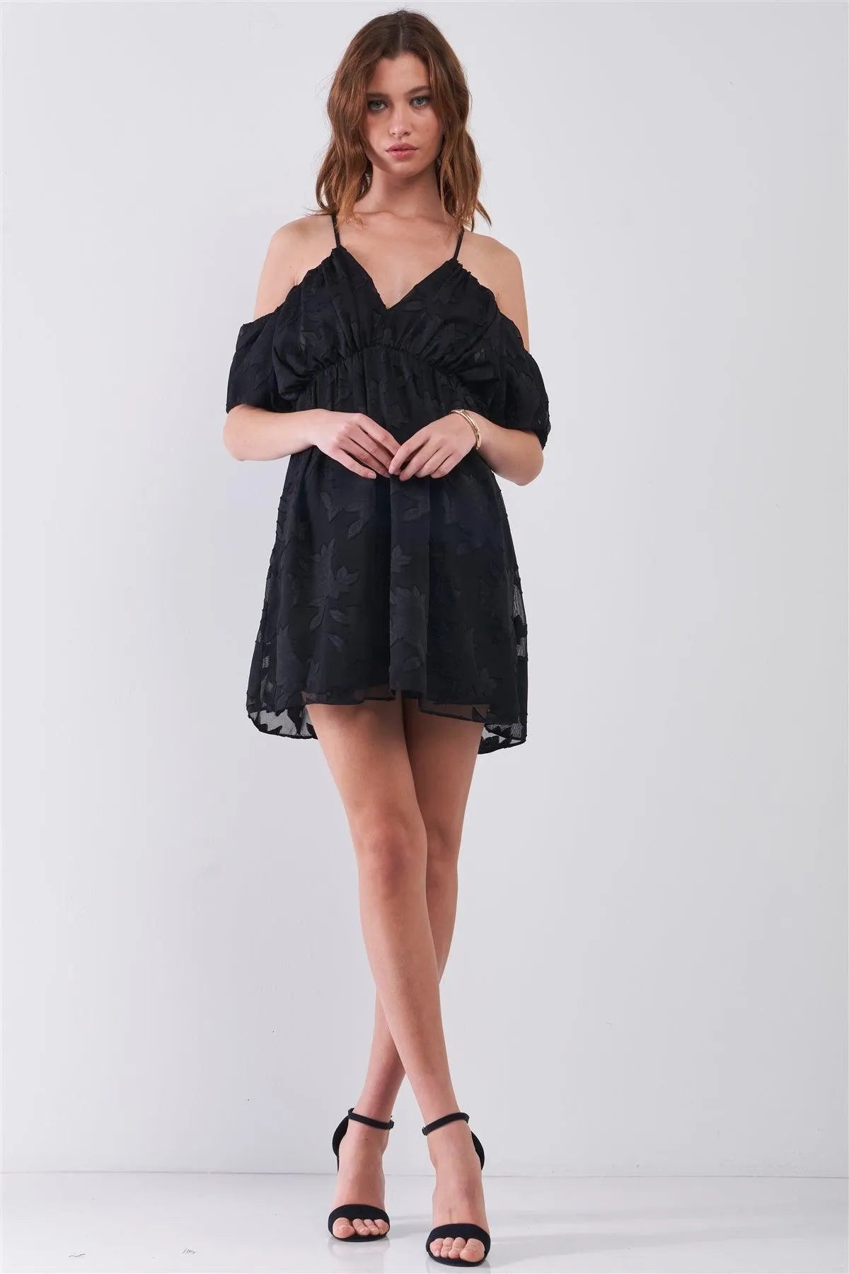 Black Mesh Floral Print Plunging V-Neck Gathered Off-The-Shoulder Flare Mini Dress /1-2-2-1 - Tasha Apparel Wholesale