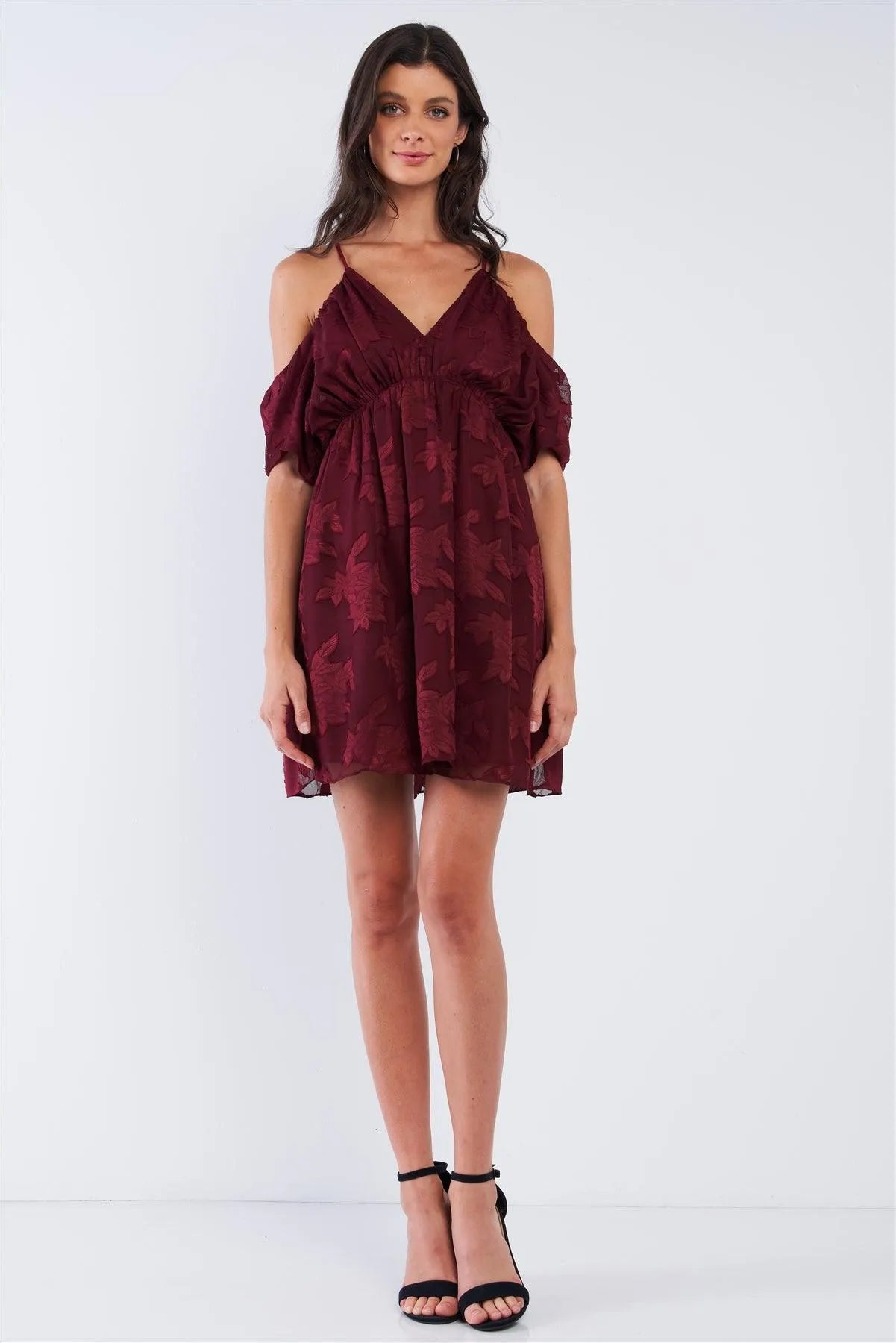 Burgundy Red Floral Print Mesh Deep Plunge V-Neck Off-The-Shoulder Mini Dress /1-2-2-1 - Tasha Apparel Wholesale