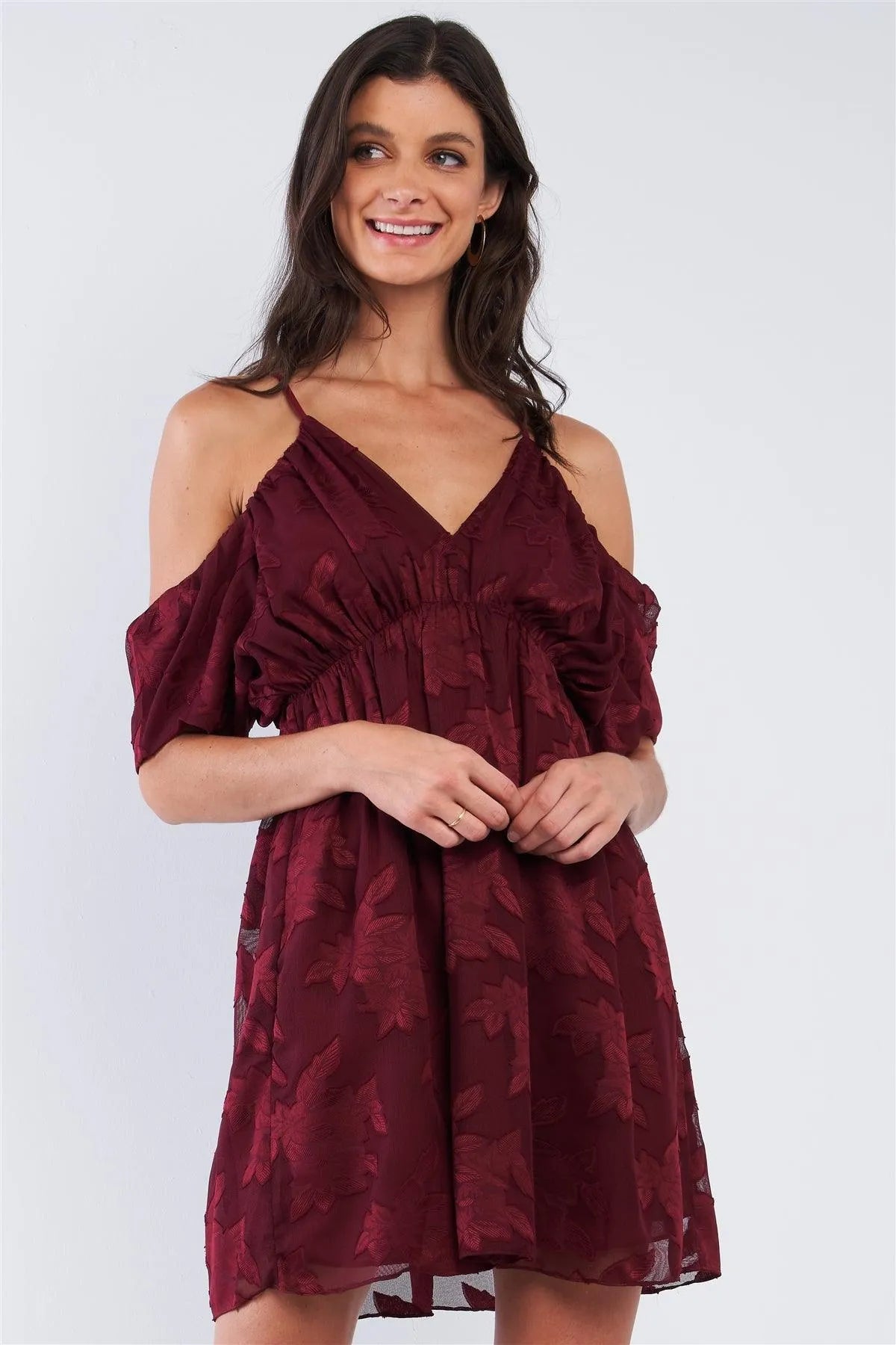Burgundy Red Floral Print Mesh Deep Plunge V-Neck Off-The-Shoulder Mini Dress /2-3-1 - Tasha Apparel Wholesale