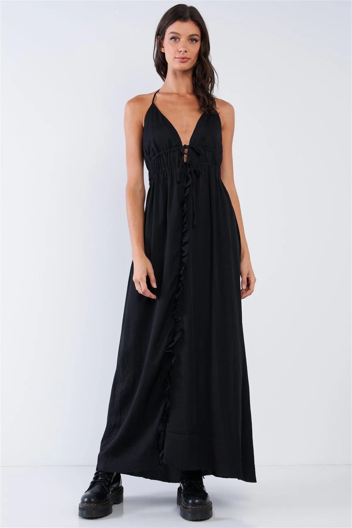 Solid Black Satin Open Back Halter Draw String Tie Top Ruffle Vertical Top-To-Bottom Hem Stretchy Waistline Maxi Dress /1-2-2-1 - Tasha Apparel Wholesale