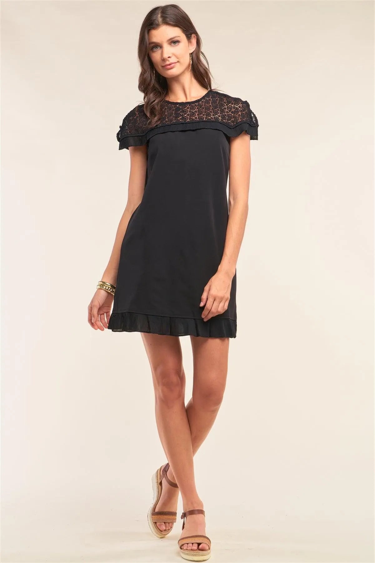 Black Crochet Lace Trim Self-Tie Crew Neck Pleated Hem Detail Relaxed Fit Mini Dress /1-3-2 - Tasha Apparel Wholesale