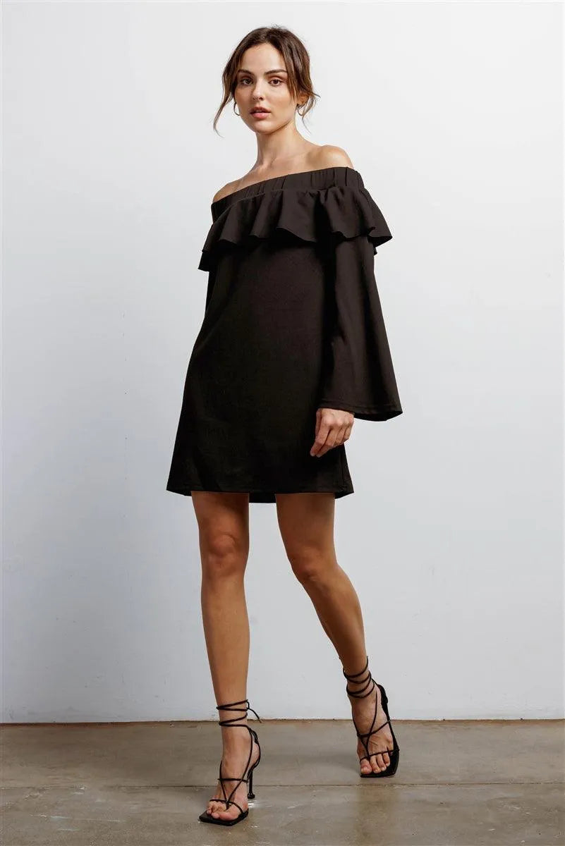 Black Off-The-Shoulder Ruffle Long Bell Sleeve Mini Dress /1-2-2-1 - Tasha Apparel Wholesale
