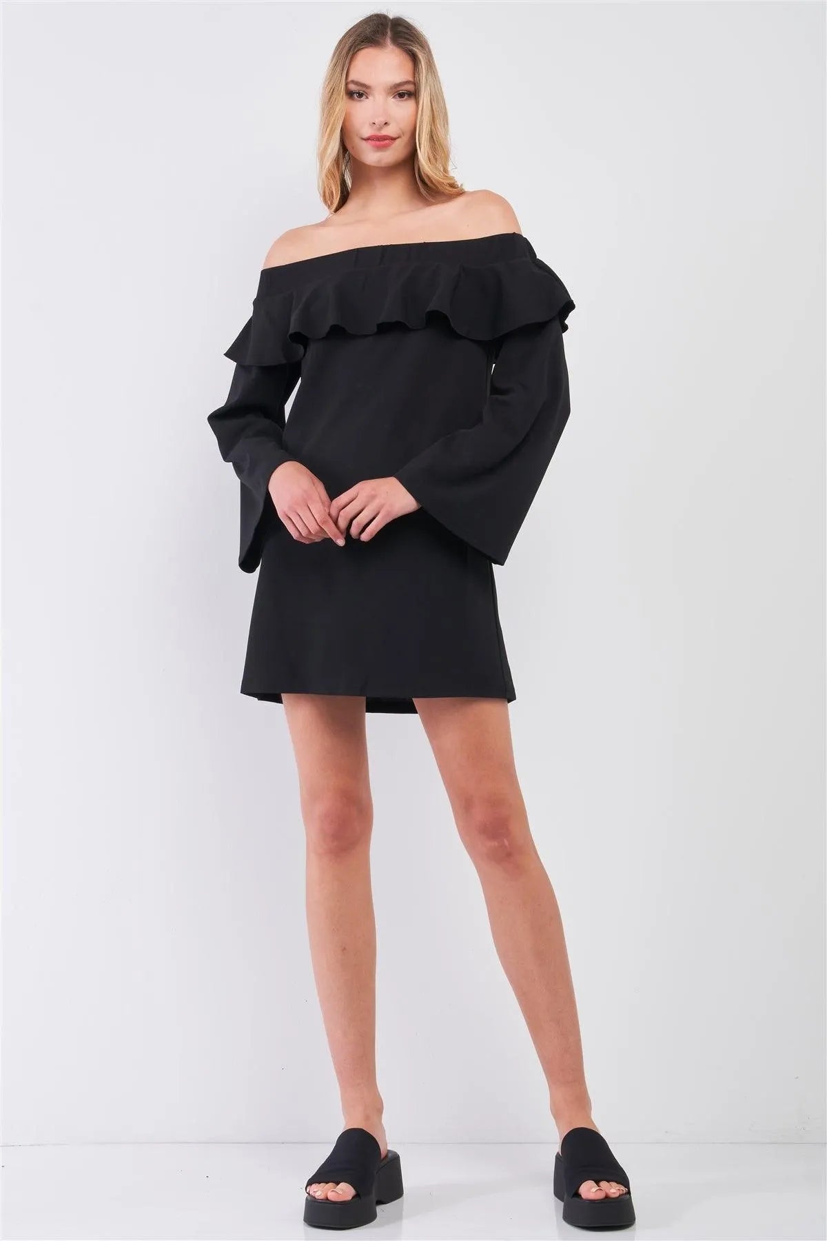 Black Off-The-Shoulder Ruffle Long Bell Sleeve Mini Dress /3-2-1 - Tasha Apparel Wholesale