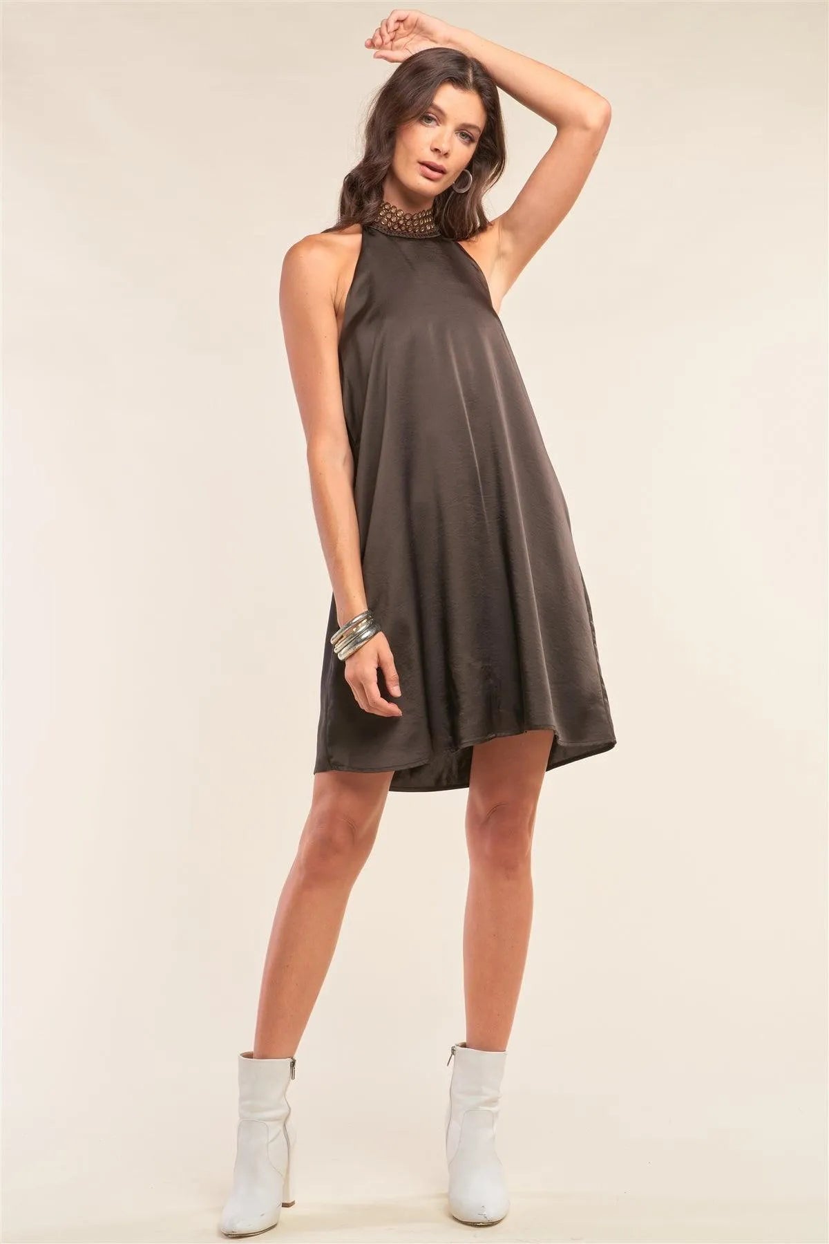 Dark Brown Satin Sleeveless Relaxed Fit Keyhole Trim Self-Tie Halter Neck Mini Dress /2-1-1-2 - Tasha Apparel Wholesale