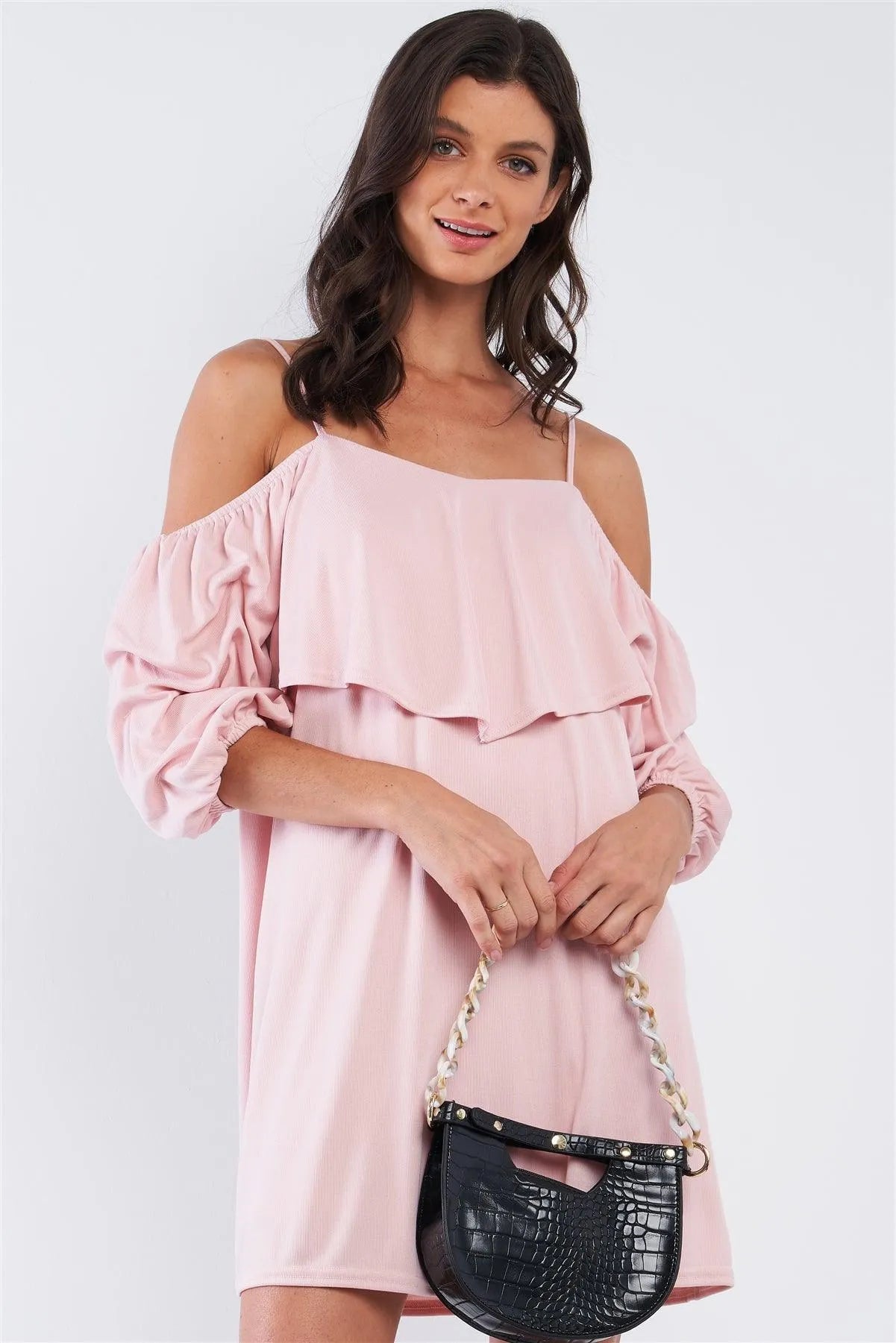 Blush Pink Loose Fit V-Neck Off-The-Shoulder Gathered Sleeve Detail Mini Dress /2-2-1 - Tasha Apparel Wholesale