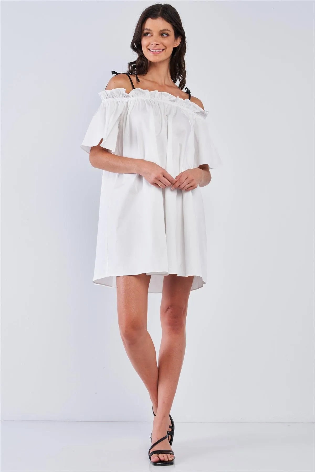 White Off The Shoulder Ruffle Detail Self-Tie Cami Straps Mini Dress / 1-2-2-1 - Tasha Apparel Wholesale