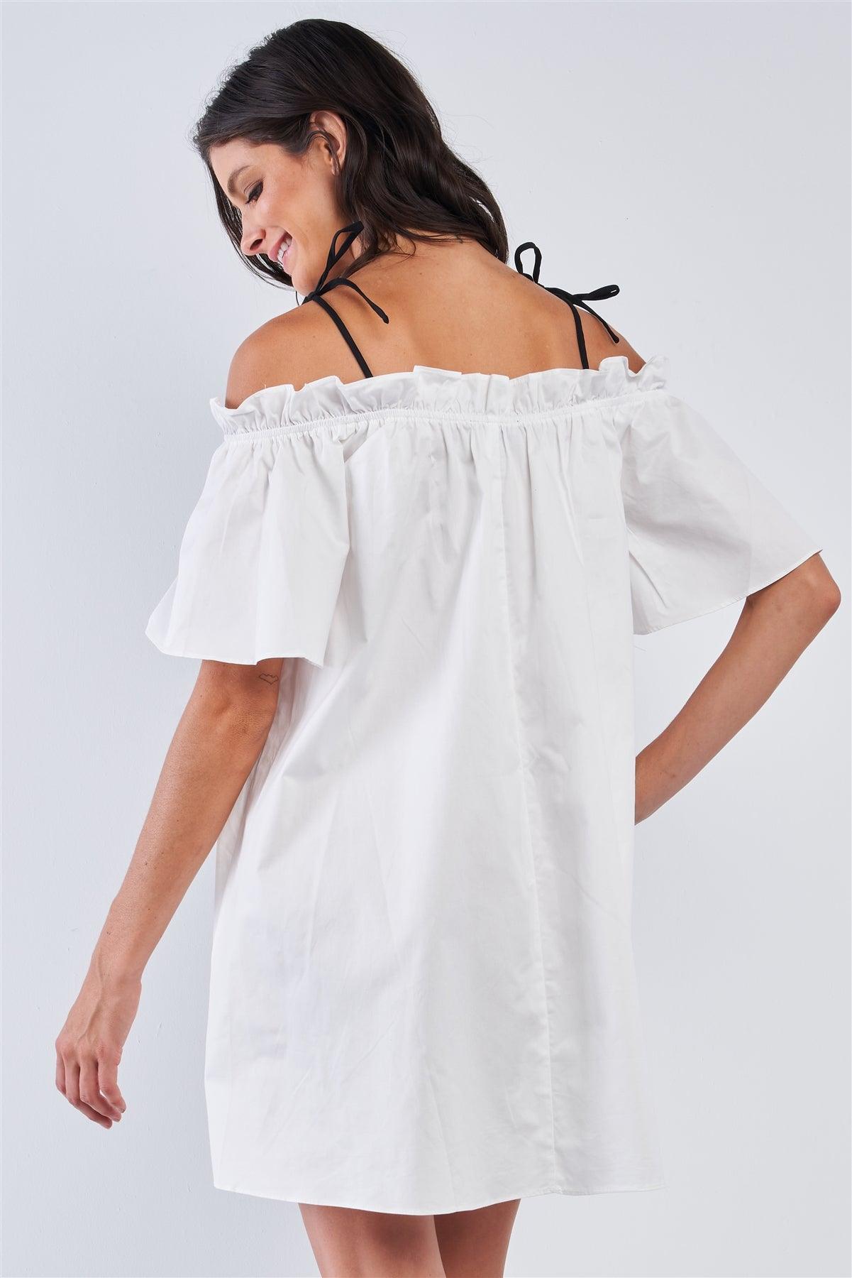 White Off The Shoulder Ruffle Detail Self-Tie Cami Straps Mini Dress