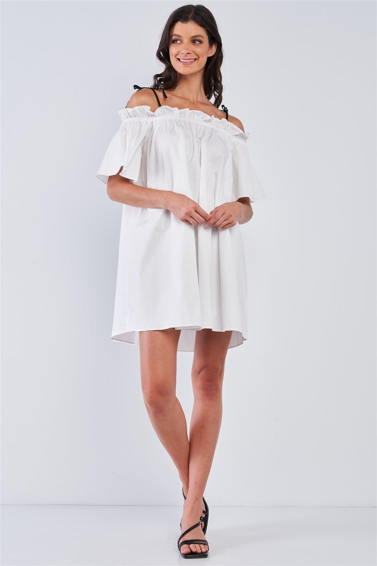 White Off The Shoulder Ruffle Detail Self-Tie Cami Straps Mini Dress