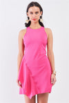 Hot-Pink Sleeveless Round Neck Fitted Asymmetrical Mini Dress /