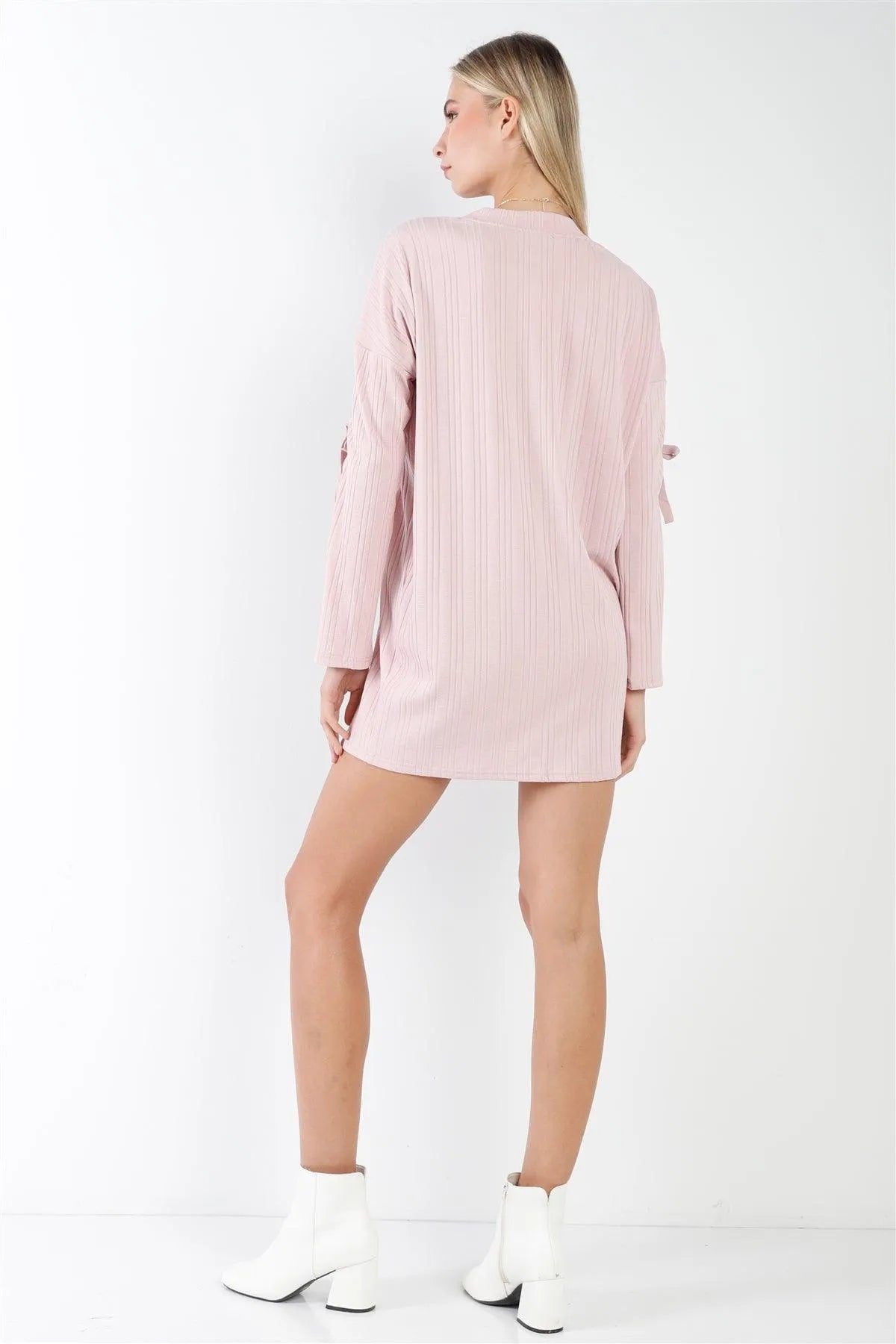 Shell Pink Ribbed Self-Tie Detail Long Sleeve Mock Neck Loose Mini Dress /1-2-2-1 - Tasha Apparel Wholesale