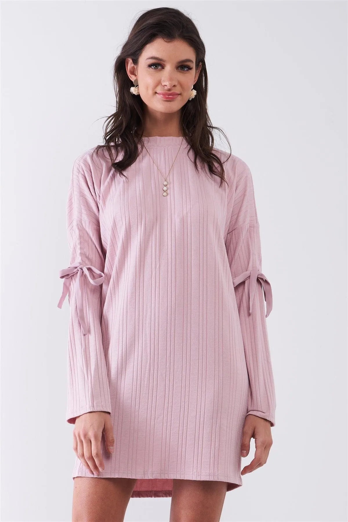 Shell Pink Ribbed Self-Tie Detail Long Sleeve Mock Neck Loose Mini Dress /2-3-1 - Tasha Apparel Wholesale