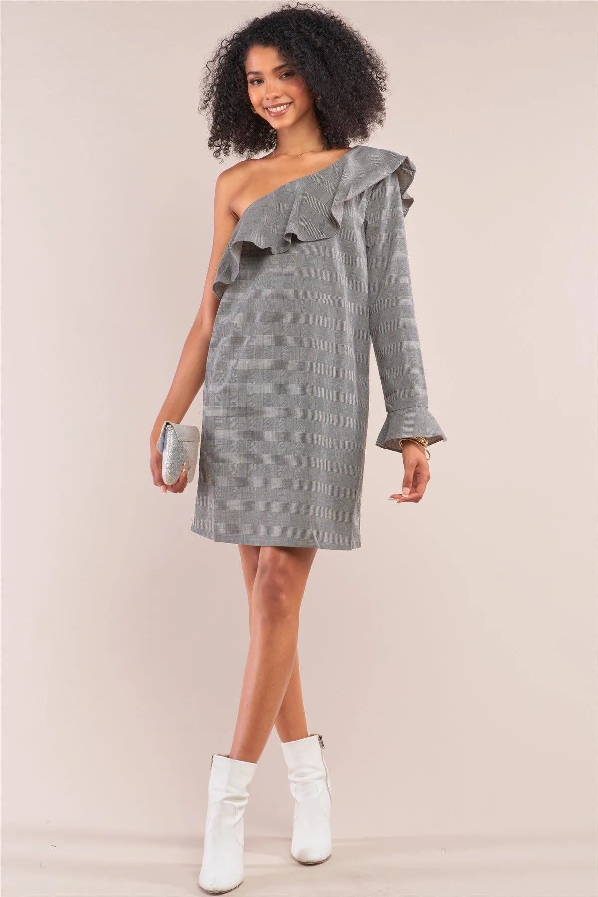 Grey Checkered Print One-Shoulder Flare Hem Long Sleeve Relaxed Fit Mini Dress /1-2-2-1 - Tasha Apparel Wholesale