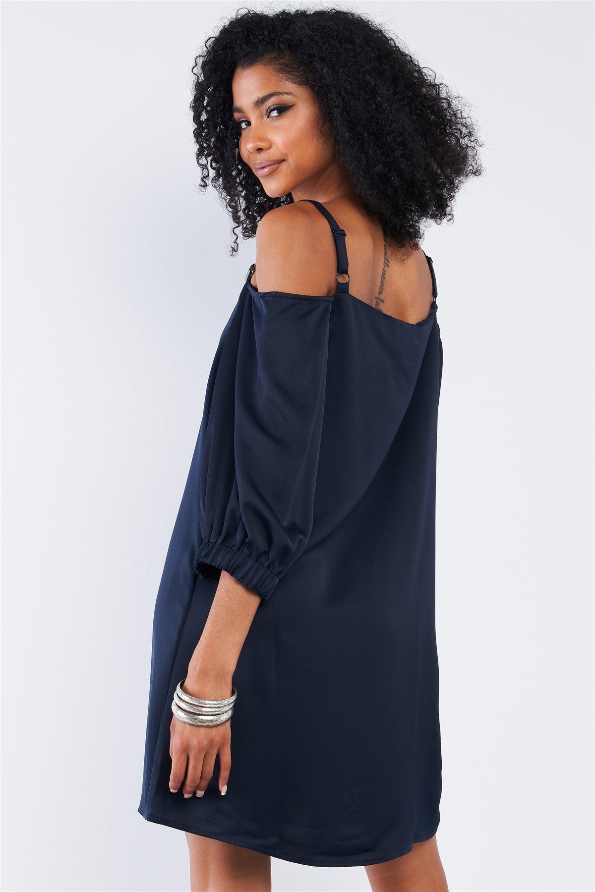 Silky Navy Blue Off-The-Shoulder Balloon Midi Sleeve Relaxed Fit Mini Dress