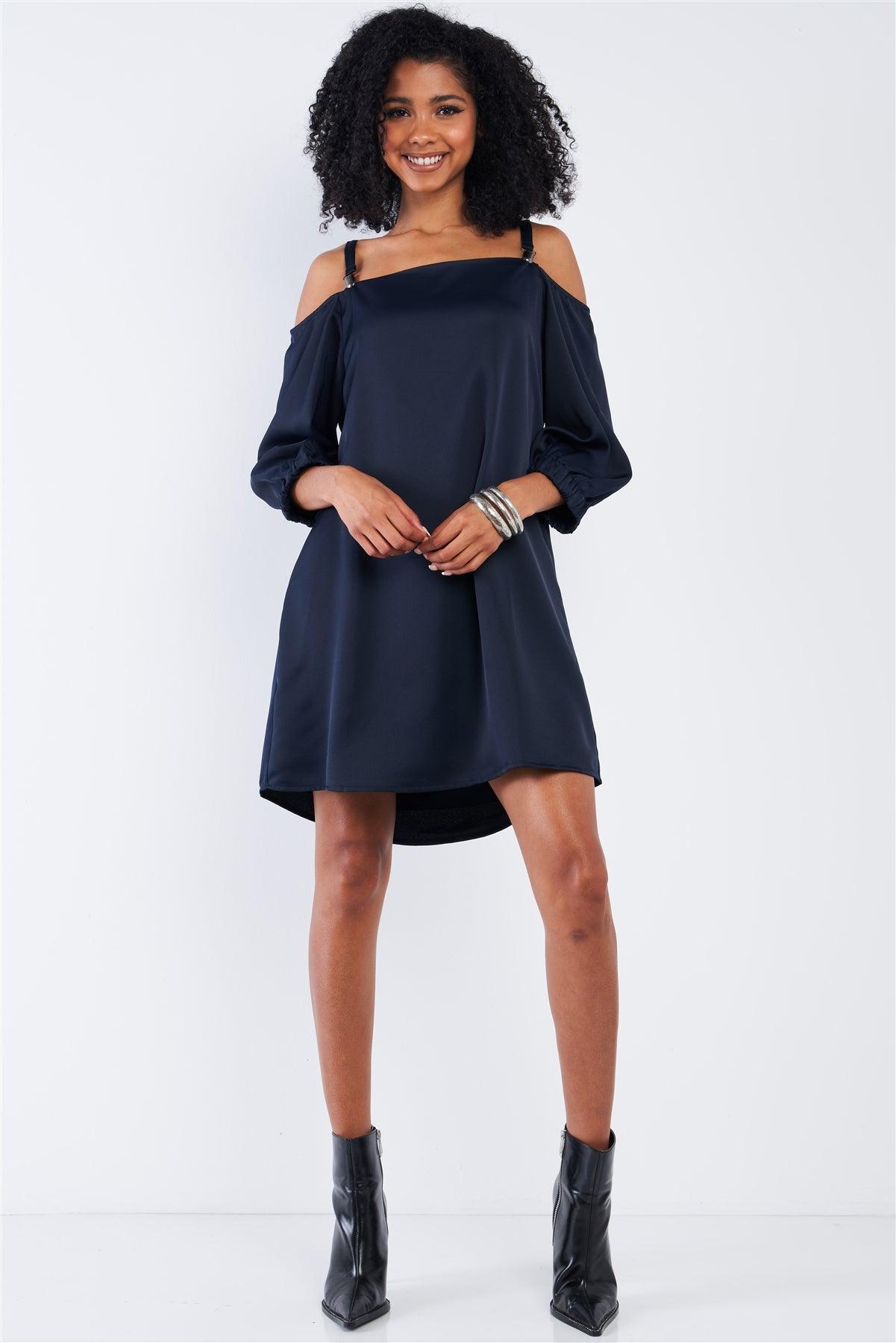 Silky Navy Blue Off-The-Shoulder Balloon Midi Sleeve Relaxed Fit Mini Dress