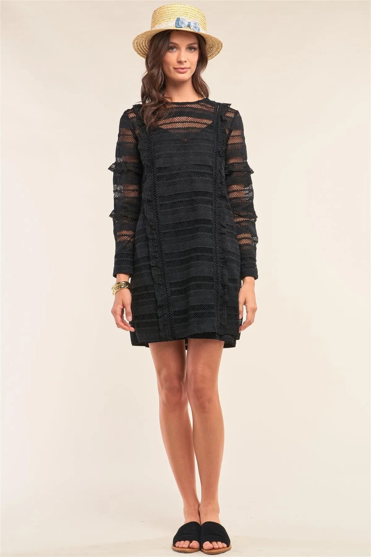 Black Crochet Lace Mesh Crew Neck Long Sleeve Frill Trim Detail Mini Dress /1-2-2-1 - Tasha Apparel Wholesale