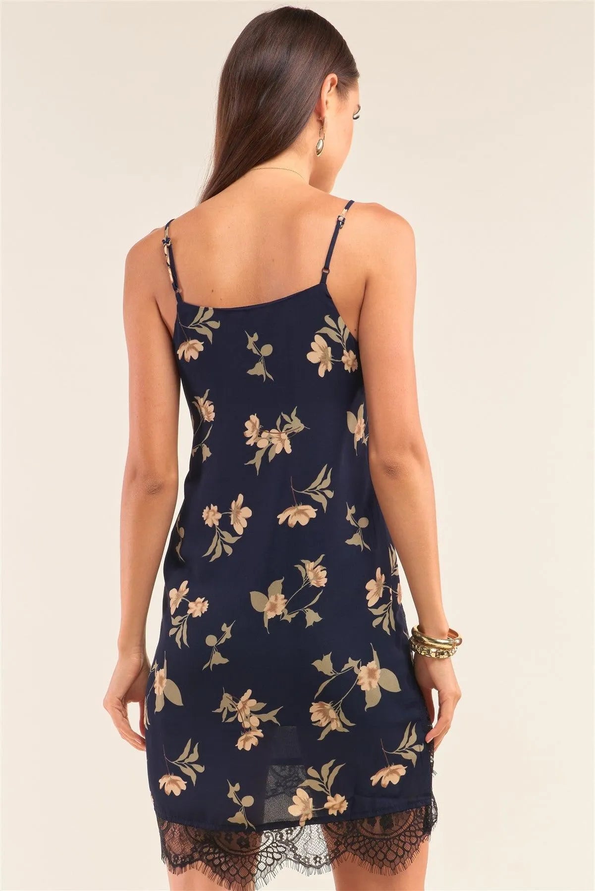 Navy Multi Floral Halter Neck Sleeveless Front Self-Tie Lace Trim Slip Mini Dress /1-2-2-1 - Tasha Apparel Wholesale