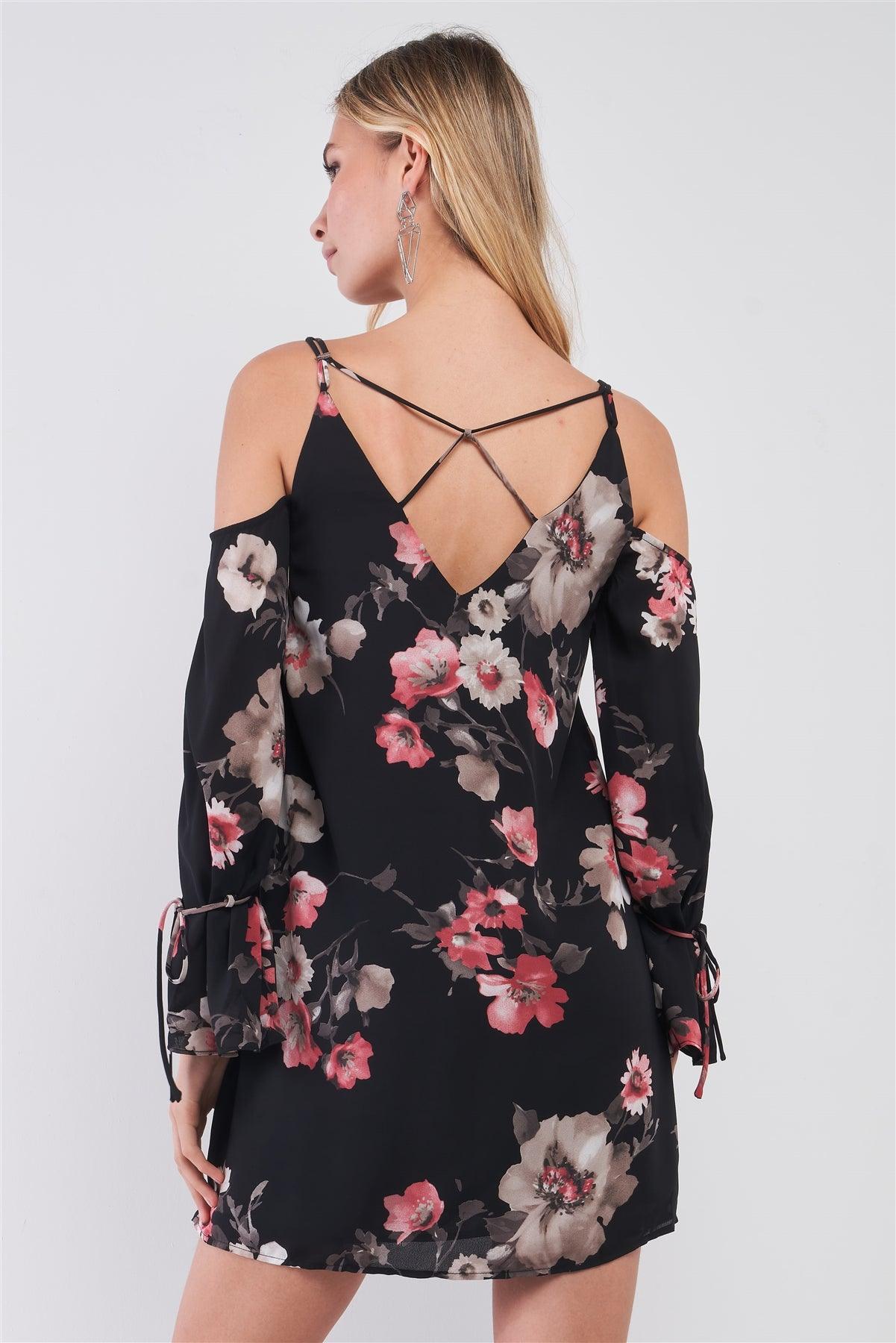 Black Multicolor Floral Print Cold Shoulder Criss-Cross Back Self-Tie Long Sleeve V-Neck Relaxed Mini Dress