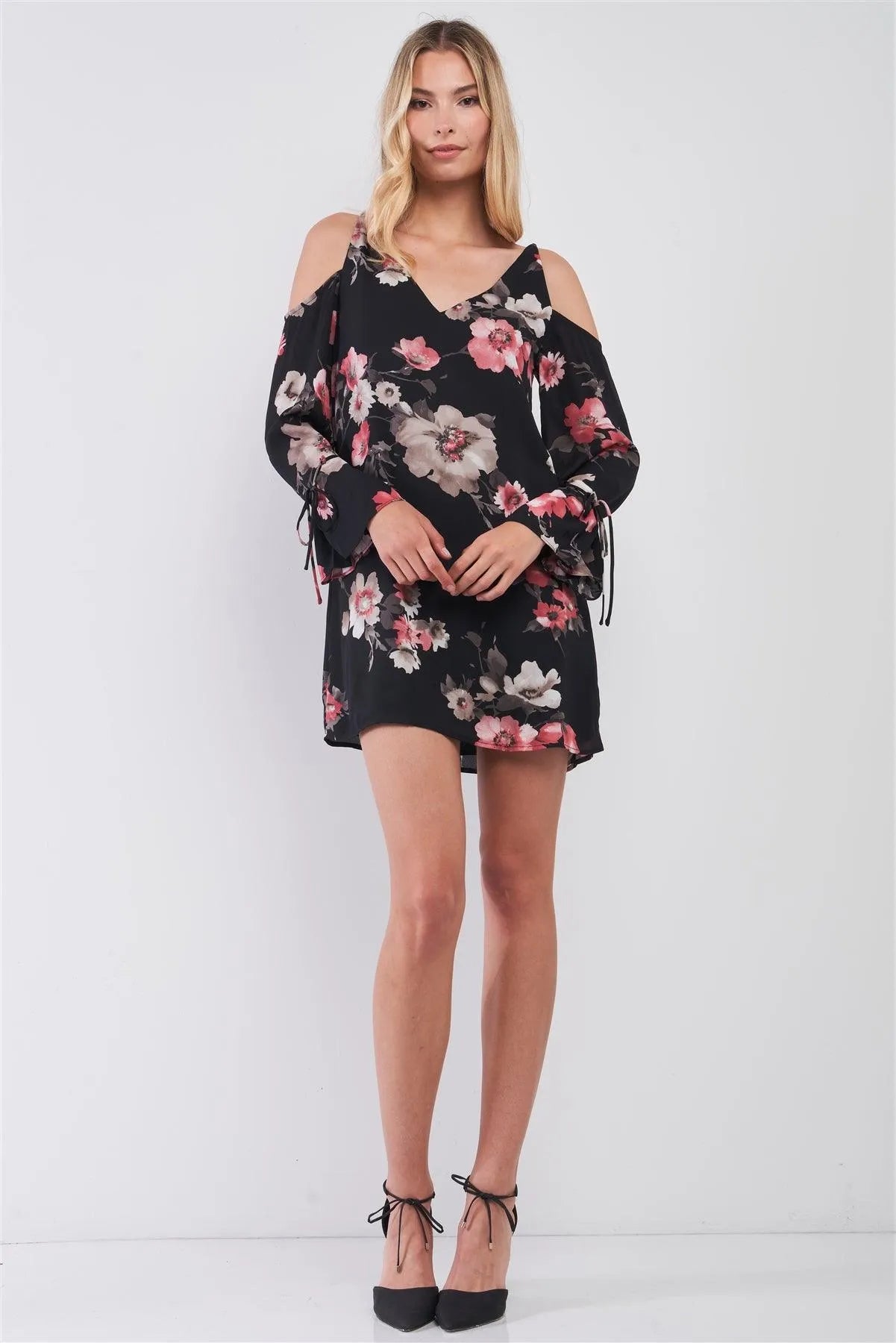 Black Multicolor Floral Print Cold Shoulder Criss-Cross Back Self-Tie Long Sleeve V-Neck Relaxed Mini Dress - Tasha Apparel Wholesale