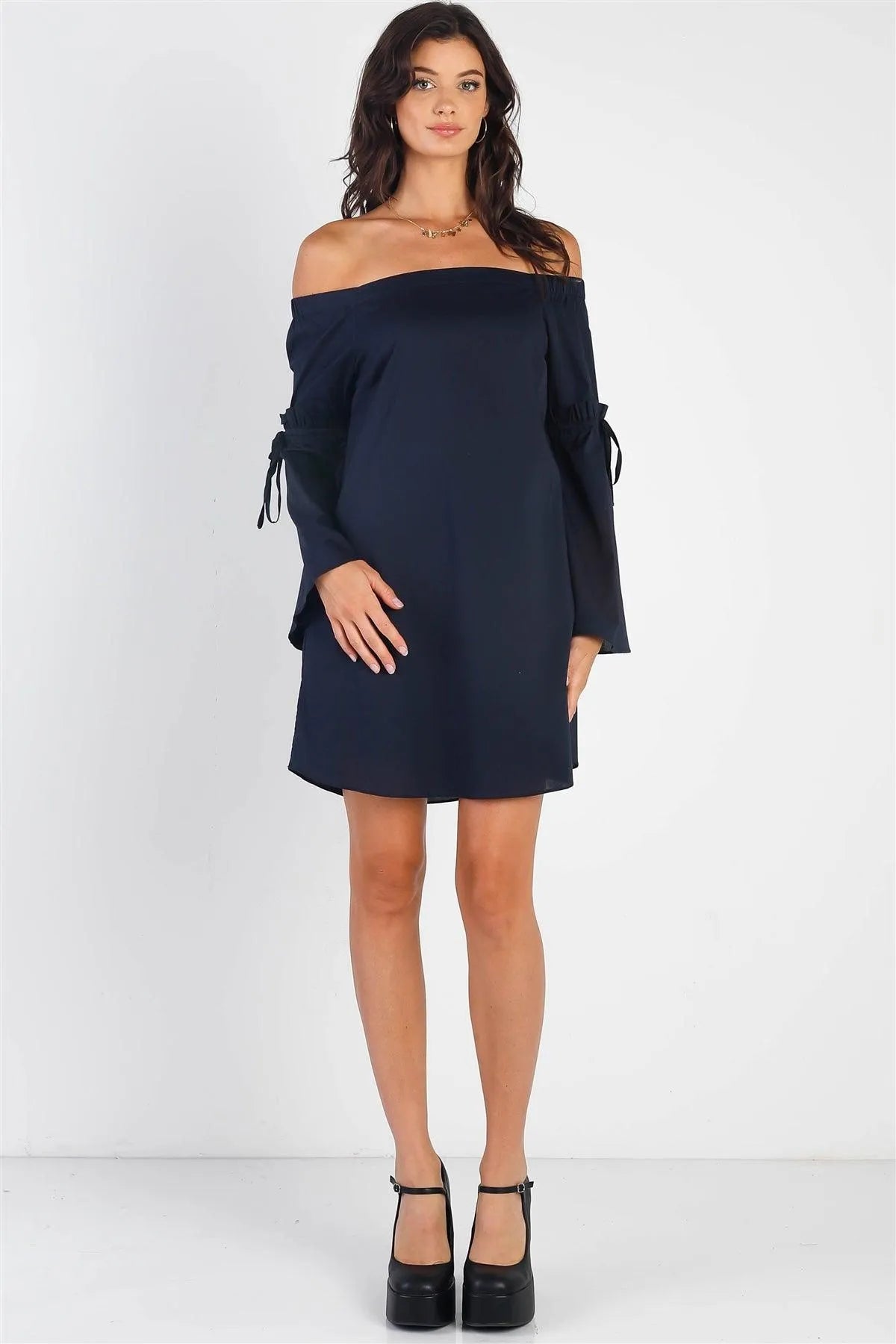 Navy Blue Loose Fit Off-The-Shoulder Self-Tie Frill Trim Angel Sleeve Mini Dress /1-2-2-1 - Tasha Apparel Wholesale