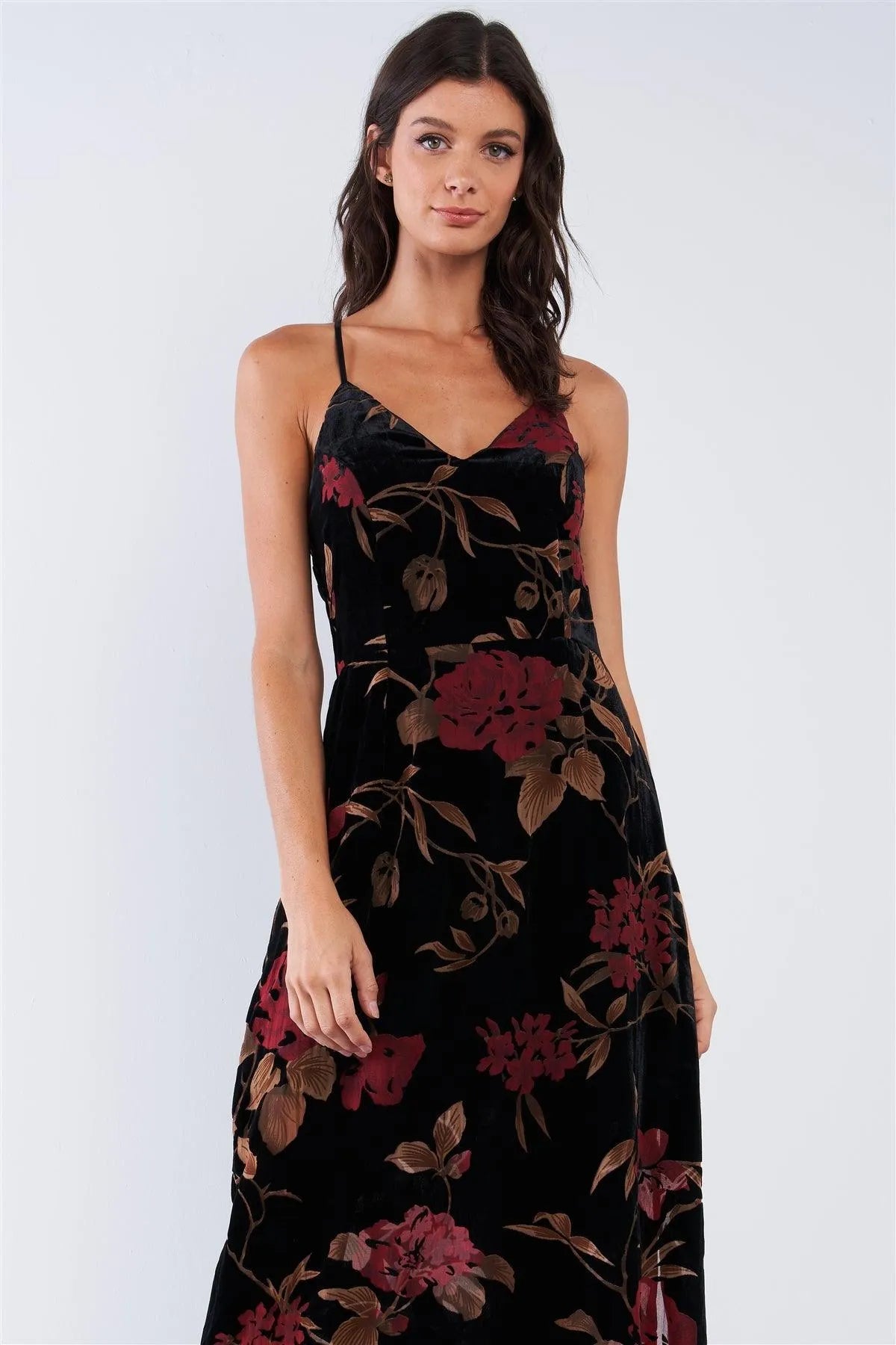 Black Velvet Multi Color Floral Print V-Neck Criss-Cross Back Straps Maxi Dress /1-2-1-1 - Tasha Apparel Wholesale