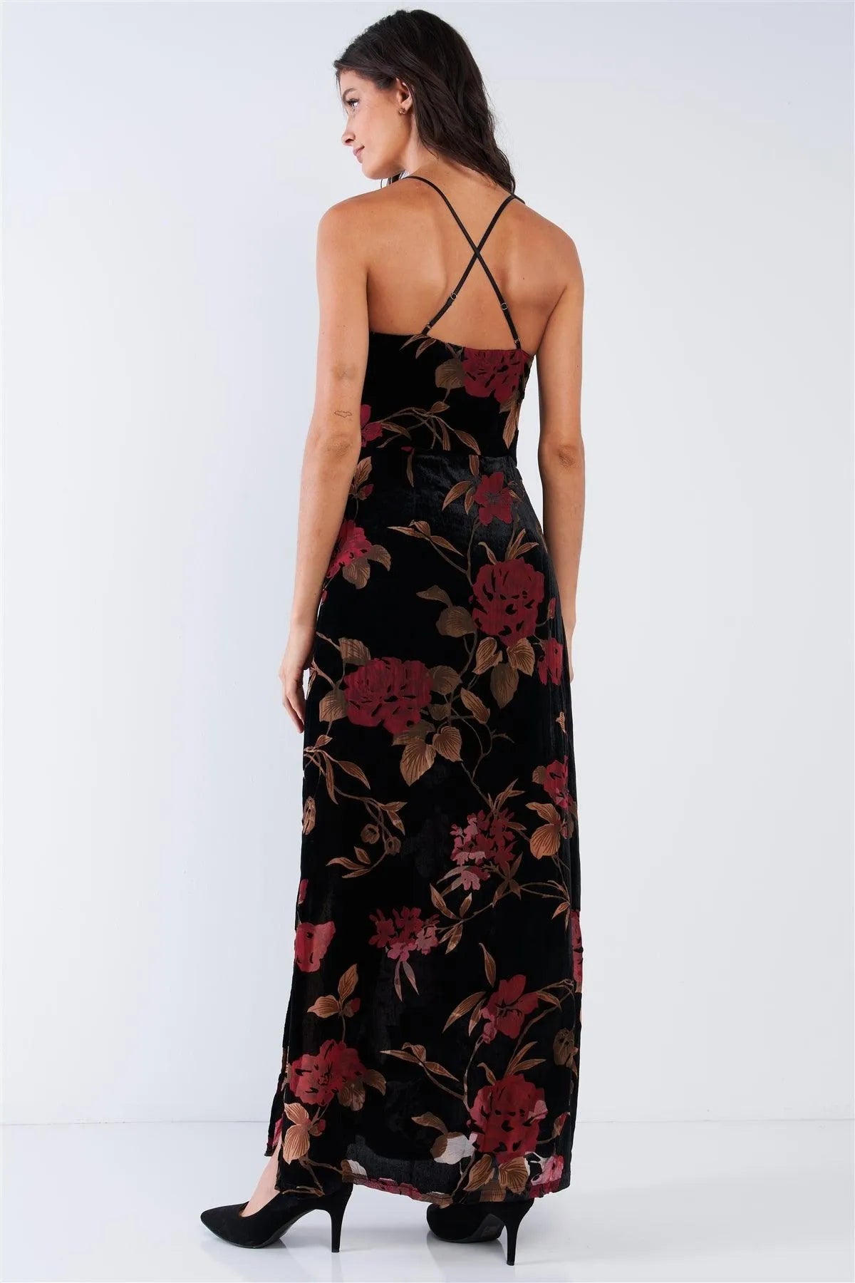 Black Velvet Multi Color Floral Print V-Neck Criss-Cross Back Straps Maxi Dress /1-3-2-1 - Tasha Apparel Wholesale