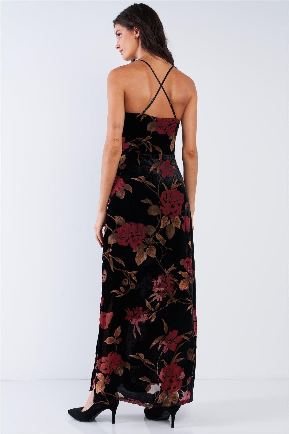 Black Velvet Multi Color Floral Print V-Neck Criss-Cross Back Straps Maxi Dress