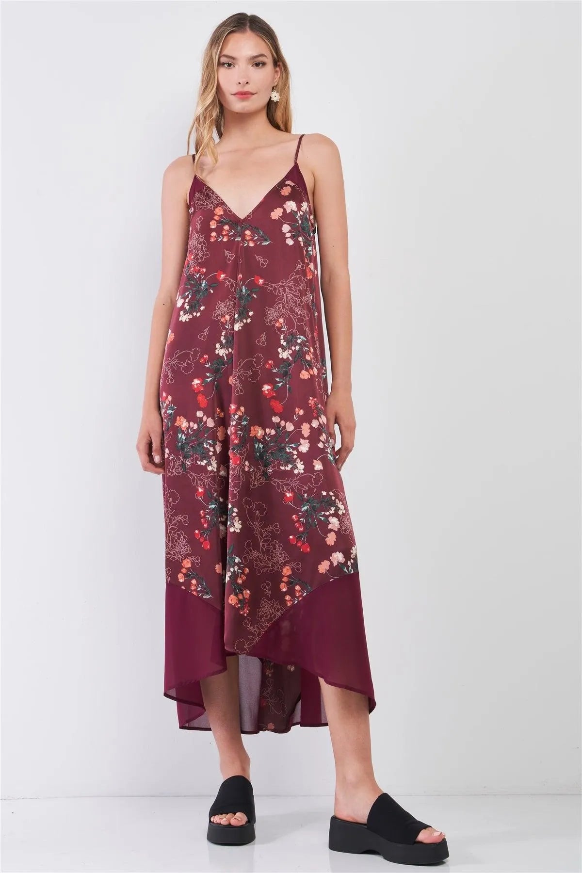 Burgundy Floral Print Satin Sleeveless V-Neck Loose Fit Maxi Dress /1-2-2-1 - Tasha Apparel Wholesale