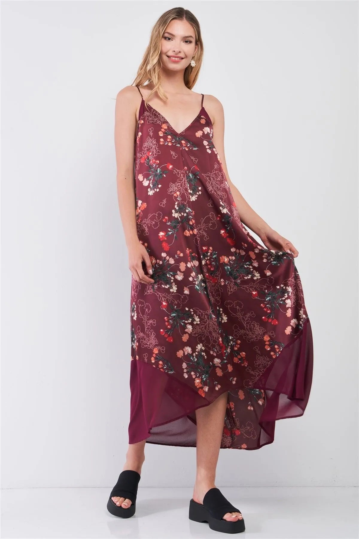 Burgundy Floral Print Satin Sleeveless V-Neck Loose Fit Maxi Dress /3-1-2 - Tasha Apparel Wholesale