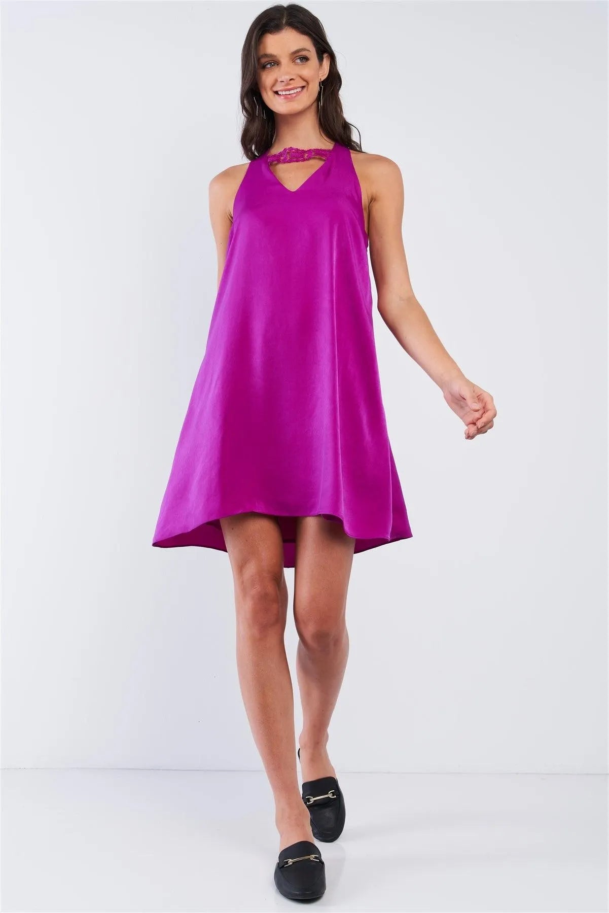 Byzantium Violet Purple Satin Silky Relaxed Fit V-Neck Chest Crochet Accent Halter Self-Tie Open Back Tube Mini Dress /1-2-2-1 - Tasha Apparel Wholesale