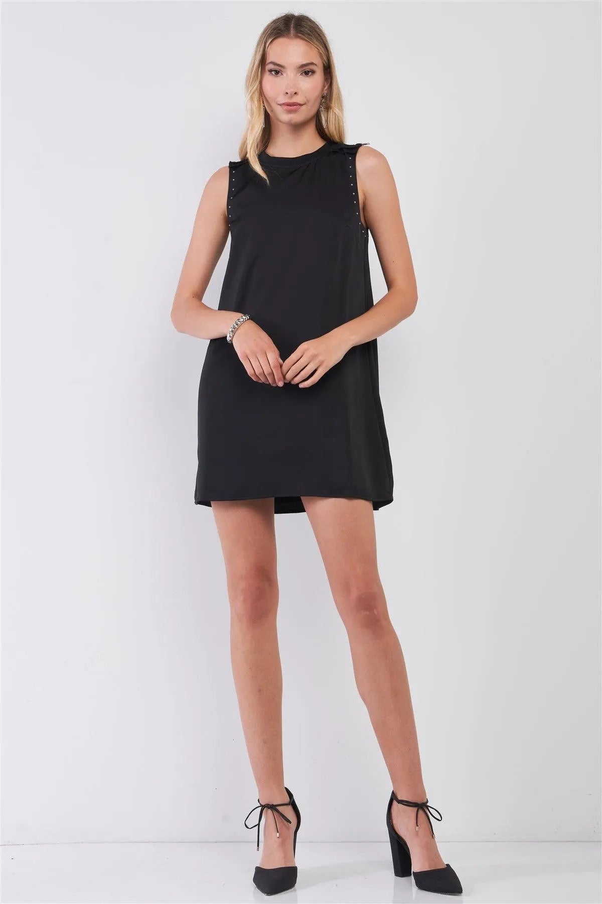 Black Sleeveless Crew Neck Silver Beaded Trim Zipper Shoulder Detail Relaxed Mini Dress /1-2-2-1 - Tasha Apparel Wholesale