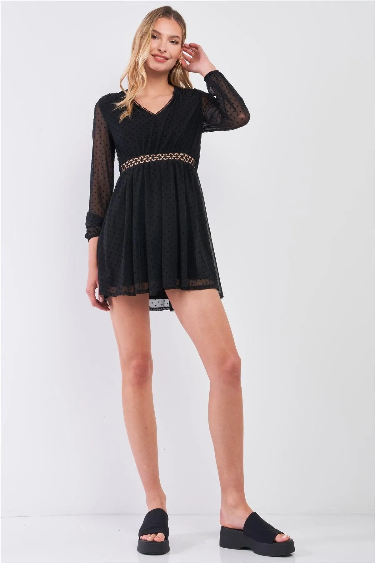 Black Polka Dot Mesh Balloon Sleeve V-Neck Laser-Cut Waist Trim Mini Dress /1-2-2-1 - Tasha Apparel Wholesale