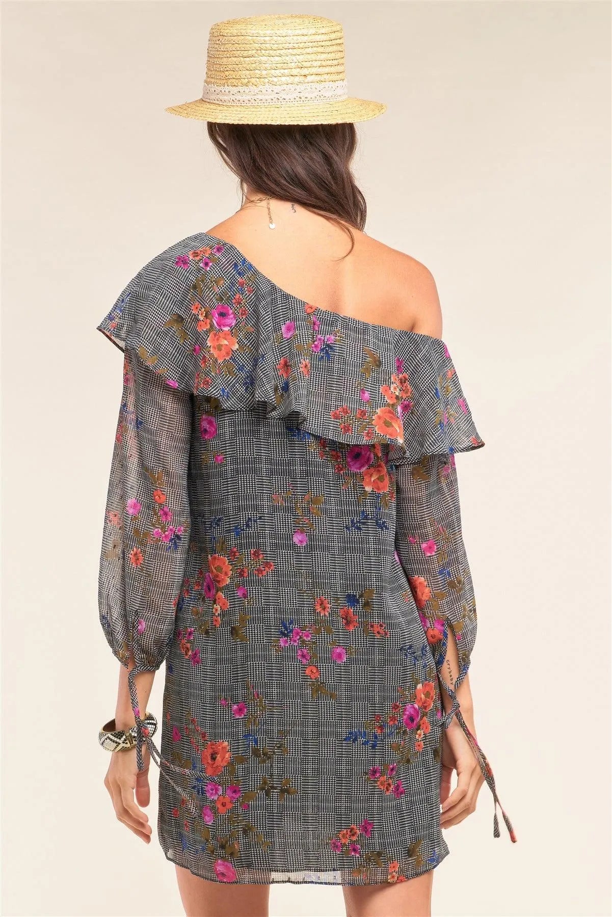 Multi Color Checkered Floral Print Loose Fit Off-The-Shoulder 3/4 Ballon Sleeve Ruffle Hem Mini Dress/1-2-2 - Tasha Apparel Wholesale